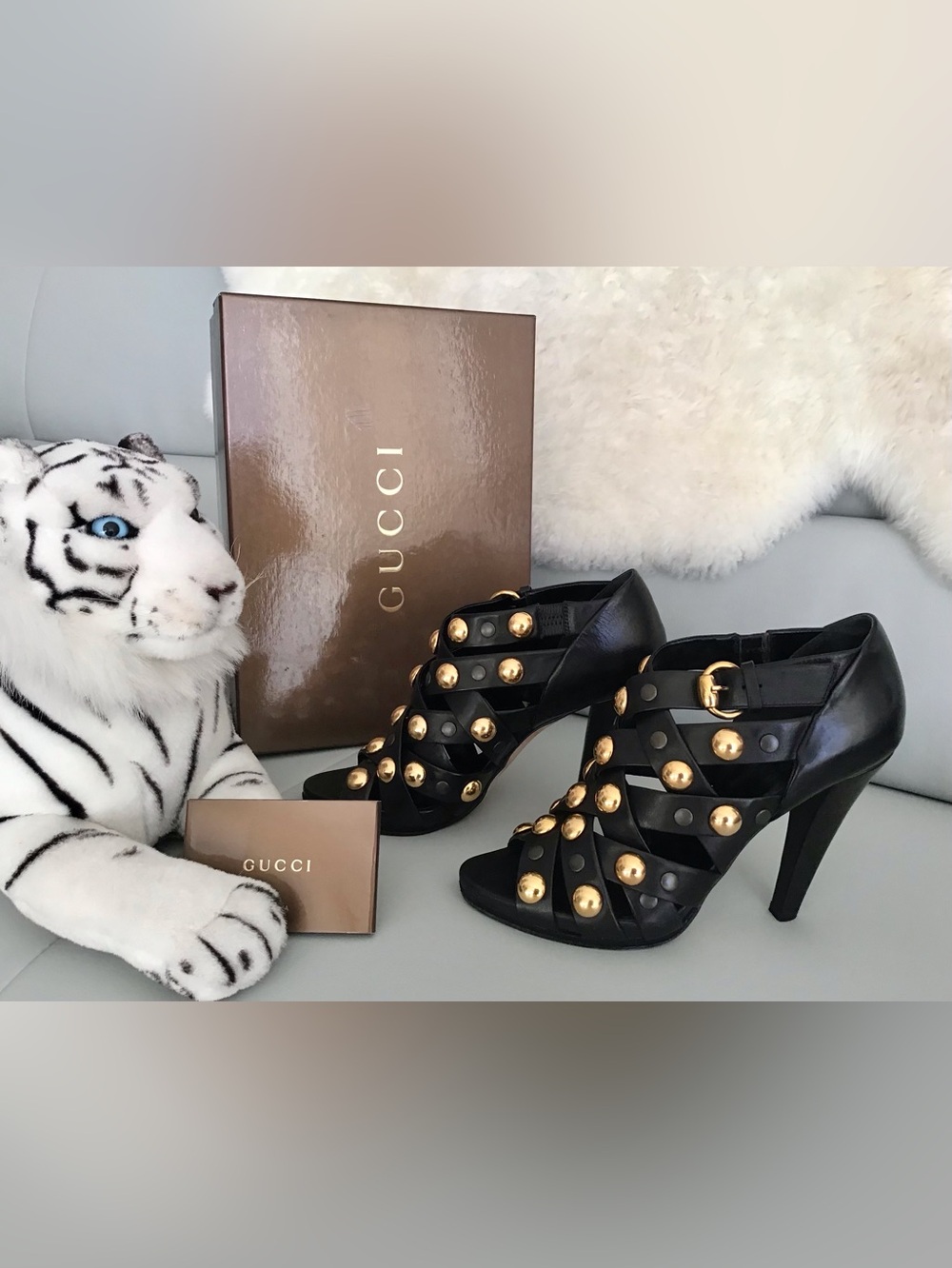 GUCCI Black Leather High Heel Gladiator Sandals with Gold Studs VTG NWB